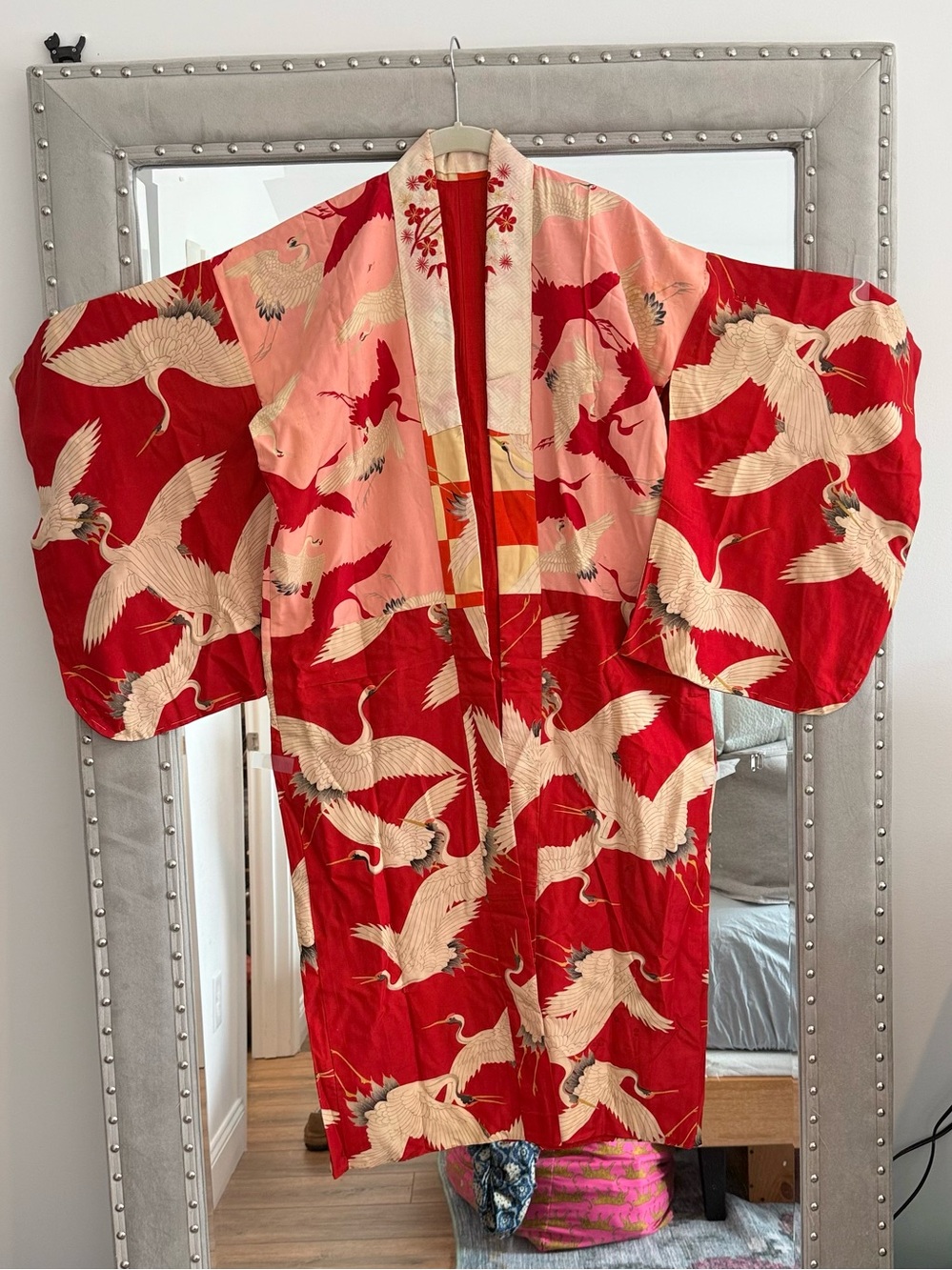 Antique Silk Japanese Kimono Soaring Cranes As Is